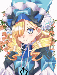 Rule 34 | 1girl, armor, blonde hair, blue eyes, blue hat, blue ribbon, blunt bangs, blush, closed mouth, fire emblem, fire emblem engage, flower, hair over one eye, hat, looking at viewer, madeline (fire emblem), nintendo, rein rise, ribbon, smile, solo, upper body, wavy hair