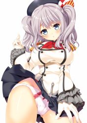 Rule 34 | 10s, 1girl, beret, black skirt, blue eyes, blush, breasts, dutch angle, epaulettes, gloves, hat, kantai collection, kashima (kancolle), large breasts, long sleeves, looking at viewer, md5 mismatch, miniskirt, original, panties, pleated skirt, resized, silver hair, simple background, skirt, solo, standing, tamiya akito, twintails, underwear, upskirt, white background, white gloves