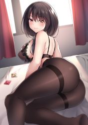 Rule 34 | 1girl, absurdres, arched back, ass, back, backlighting, bare shoulders, bed, black bra, black pantyhose, blush, bra, breasts, brown hair, commentary request, condom, condom wrapper, date a live, day, dutch angle, from behind, hair between eyes, half-closed eyes, heterochromia, highres, indoors, large breasts, long hair, looking at viewer, looking back, lying, no panties, on side, pantyhose, parted lips, red eyes, sideboob, smile, solo, thighband pantyhose, thighs, tokisaki kurumi, underwear, window, yellow eyes, zijiang
