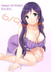 Rule 34 | 10s, 1girl, bare legs, bare shoulders, barefoot, breasts, cleavage, collarbone, dated, female focus, gradient background, green eyes, happy birthday, kitiroku, large breasts, lingerie, long hair, looking at viewer, love live!, love live! school idol festival, love live! school idol project, low twintails, negligee, purple background, purple hair, sitting, smile, solo, tojo nozomi, twintails, underwear, very long hair, wariza