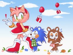 Rule 34 | !, 3girls, :d, ^ ^, ame (beeames), amy rose, animal crossing, apron, artist name, balloon, blue flower, blue sky, blush, boots, box, bracelet, closed eyes, cloud, commentary, crossover, day, dress, english commentary, eyelashes, fang, flower, flying sweatdrops, food, freckles, fruit, furry, furry female, gift, gift box, gingham, gingham apron, gloves, gold bracelet, green apron, green eyes, hairband, hand up, hedgehog girl, highres, holding, holding food, jewelry, looking at another, looking back, looking down, mabel able (animal crossing), multiple girls, nintendo, open mouth, orange flower, persimmon, pink flower, red apron, red dress, red footwear, red hairband, sable able (animal crossing), short dress, sky, sleeveless, sleeveless dress, smile, sonic (series), walking, white apron, white gloves, yellow flower