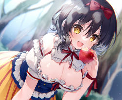 Rule 34 | 1girl, :d, apple, bare shoulders, black hair, blue shirt, bow, bow hairband, breasts, cleavage, detached collar, food, frilled shirt collar, frilled skirt, frills, fruit, hair between eyes, hair bow, hairband, holding, holding food, holding fruit, leaning forward, looking at viewer, medium breasts, off shoulder, open mouth, puffy short sleeves, puffy sleeves, red bow, red hairband, shirt, short hair, short sleeves, skirt, smile, snow white and the seven dwarfs, solo, suimya, wavy hair, yellow skirt