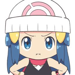 Rule 34 | 1girl, angry, bag, beanie, black shirt, blue eyes, blue hair, bracelet, chibi, closed mouth, commentary, creatures (company), dawn (pokemon), english commentary, game freak, hair ornament, hairclip, hands on own hips, hat, jewelry, long hair, nintendo, open mouth, pokemon, pokemon bdsp, poketch, pout, scarf, scarletsky, shirt, sleeveless, sleeveless shirt, standing, upper body, watch, white headwear, wristwatch