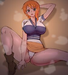Rule 34 | 1girl, absurdres, blush, boots, breasts, brown eyes, cleavage, earrings, highres, jewelry, large breasts, nami (one piece), one piece, orange hair, panties, shirt, simmsy, skirt, steam, sweat, thick thighs, thighs, underwear