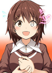 Rule 34 | 1girl, brown eyes, brown hair, brown sweater, dress shirt, flying sweatdrops, furutaka (kancolle), glowing, glowing eye, gradient background, heterochromia, highres, kamelie, kantai collection, looking at viewer, open mouth, orange background, round teeth, shirt, short hair, sleeves rolled up, smile, solo, sweater, teeth, upper body, upper teeth only, white background, yellow eyes