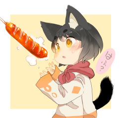 Rule 34 | 1girl, animal ears, black hair, blush, border, brown eyes, cat ears, cat tail, child, food, konachiu, neckerchief, open mouth, original, sausage, sausage stick, sexually suggestive, short hair, skewer, sleeves past wrists, steam, tail, white border, yellow background