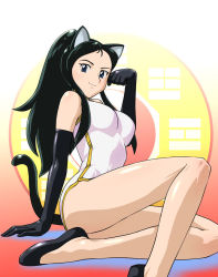 Rule 34 | 1girl, animal ears, black hair, blue eyes, cat ears, cat tail, china dress, chinese clothes, dress, elbow gloves, flats, giant robo, ginrei (giant robo), gloves, kemonomimi mode, legs, ponytail, short dress, smile, solo, tail, ueyama michirou