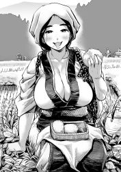 Rule 34 | 1girl, bento, blush, breasts, cleavage, commentary request, field, food, freckles, greyscale, highres, ichiren takushou, japanese clothes, kimono, large breasts, looking at viewer, monochrome, onigiri, open mouth, original, outdoors, seiza, sitting, tasuki, white headwear