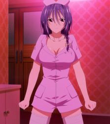 Rule 34 | 1girl, aoba yuzuki, breasts, cleavage, large breasts, purple hair, red eyes, screencap, stitched, temple (series), third-party edit