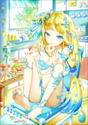 Rule 34 | 1girl, animal slippers, anklet, applying pedicure, bacon, bad id, bad pixiv id, bare shoulders, barefoot, between toes, bikini, blonde hair, blue bra, blue hair, blue nails, blue panties, blue skirt, bottle, bra, bread, bread slice, breasts, chair, chopsticks, cleavage, clock, collarbone, comb, cosmetics, crop top, cup, dishes, eating, egg, egg (food), faucet, feet, feet on chair, fingernails, flower, food, food in mouth, fried egg, fried egg on toast, full body, hair flower, hair ornament, hair rollers, hands on feet, highres, indoors, jaebau, jewelry, kitchen, knees up, long hair, looking at viewer, low twintails, meat, microskirt, milk bottle, milk carton, mixer (cooking), mouth hold, mug, multicolored hair, nail polish, nail polish bottle, off-shoulder shirt, off shoulder, open window, panties, pantyshot, paper, pitcher (container), plant, plate, rug, scissors, see-through, shirt, sink, sitting, skirt, slippers, small breasts, soles, solo, star (symbol), strap slip, streaked hair, swimsuit, table, toast, toast in mouth, toenail polish, toenails, toes, tree, tsurime, twintails, two-tone hair, underwear, unworn slippers, vegetable, very long hair, window
