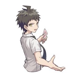 Rule 34 | 1boy, :d, ahoge, brown eyes, brown hair, card, cropped torso, danganronpa (series), danganronpa 2: goodbye despair, from side, green necktie, haizai, hand up, hinata hajime, holding, holding card, looking at viewer, looking to the side, lower teeth only, necktie, open mouth, short hair, short sleeves, smile, solo, teeth, usami (danganronpa)