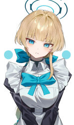 Rule 34 | 1girl, absurdres, alternate hairstyle, apron, blonde hair, blue archive, blue bow, blue bowtie, blue eyes, blunt bangs, blush, bow, bowtie, commentary, frilled apron, frills, halo, head tilt, highres, long sleeves, looking at viewer, maid, maid apron, maid headdress, parted lips, round, short hair, solo, sugar (dndi888), toki (blue archive), upper body, white apron, white background