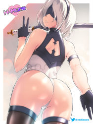 Rule 34 | 1girl, adapted costume, ass, back cutout, black blindfold, black hairband, black thighhighs, blindfold, clothing cutout, etchimune, from behind, gloves, hairband, half gloves, holding, holding sword, holding weapon, katana, leotard, looking at viewer, looking back, nier (series), nier:automata, silver hair, smile, solo, sword, thighhighs, thong leotard, v, virtuous contract, weapon, 2b (nier:automata)