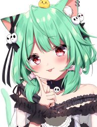 Rule 34 | absurdres, alternate color, alternate hairstyle, animal ears, bare shoulders, black bow, black choker, black dress, black neckwear, blush, bow, cat ears, cat tail, choker, closed mouth, dress, eyes visible through hair, green hair, hair between eyes, hair bow, hair ornament, hand on own face, hand up, highres, hololive, looking at viewer, off shoulder, red eyes, shinonome asu, short hair, short sleeves, short twintails, skull hair ornament, smile, solo, tail, tongue, tongue out, twintails, upper body, uruha rushia, uruha rushia (3rd costume), virtual youtuber, wrist cuffs