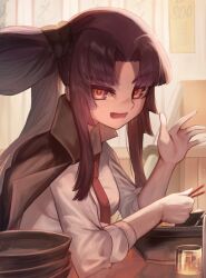 Rule 34 | 1girl, black jacket, bowl, breasts, chopsticks, collared shirt, cup, drinking glass, eating, fate/grand order, fate (series), food, holding, holding chopsticks, indoors, jacket, jacket on shoulders, long hair, looking at viewer, m0 chi, medium breasts, multicolored eyes, necktie, noodles, open mouth, parted bangs, ramen, red necktie, shirt, side ponytail, sidelocks, sitting, solo, taira no kagekiyo (fate), uniform, upper body, ushiwakamaru (fate), waving, white shirt