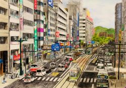 Rule 34 | aorie iroen, building, car, city, cityscape, colored pencil (medium), graphite (medium), highres, monorail, motor vehicle, no humans, office, original, railroad tracks, real world location, road, road sign, sign, street, traditional media, tree, van