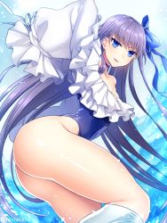 Rule 34 | 1girl, ass, bent over, blue eyes, blue leotard, blue one-piece swimsuit, blue sky, choker, day, fate/extra, fate/extra ccc, fate/grand order, fate (series), from behind, highleg, highleg leotard, leotard, long hair, looking at viewer, looking back, makina (frog), meltryllis, meltryllis (fate), meltryllis (swimsuit lancer) (fate), meltryllis (swimsuit lancer) (second ascension) (fate), off-shoulder one-piece swimsuit, one-piece swimsuit, purple hair, ribbon, shiny skin, sky, sleeves past wrists, solo, swimsuit, water