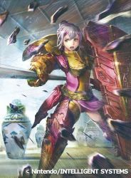 Rule 34 | 1girl, armor, armored boots, boots, effie (fire emblem), fire emblem, fire emblem cipher, fire emblem fates, gold armor, green eyes, grey hair, hair bun, holding, holding weapon, indoors, momose hisashi, nintendo, official art, pink armor, polearm, shield, shoulder armor, single hair bun, spear, weapon