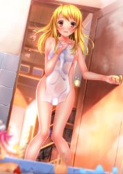Rule 34 | 1boy, 1girl, blonde hair, blush, breasts, covering privates, cup, door, earrings, fairy tail, happy (fairy tail), highres, jewelry, large breasts, long hair, long legs, lucy heartfilia, natsu dragneel, nude, nude cover, open mouth, pubic hair, red eyes, see-through silhouette, swordsouls, tattoo, toothbrush, towel