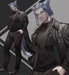 Rule 34 | 1boy, animal ears, artist name, cat boy, collared shirt, commission, dreadlocks, final fantasy, final fantasy xiv, highres, jacket, jouvru, male focus, pants, shirt, shoes, solo, tail, tattoo, tight clothes, turtleneck, warrior of light (ff14), white hair, yellow eyes