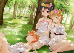 Rule 34 | 10s, 3girls, bare legs, bare shoulders, barefoot, black hair, bracelet, brown hair, dappled sunlight, dress, earrings, eyebrows, closed eyes, finger to mouth, flower, forest, grass, hair flower, hair ornament, hand on another&#039;s head, highres, hoshizora rin, jewelry, koizumi hanayo, lap pillow, looking at viewer, love live!, love live! school idol project, lying, multiple girls, natsu (natume0504), natsu (pixiv1501671), nature, on back, red hair, short hair, sitting, sleeping, smile, sunlight, tree shade, twintails, white dress, yazawa nico
