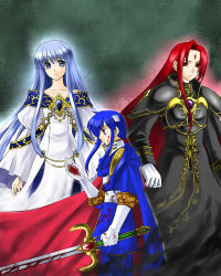 Rule 34 | 1girl, 2boys, 74, blood, brother and sister, brothers, cape, circlet, facial mark, fire emblem, fire emblem: genealogy of the holy war, forehead mark, gloves, julia (fire emblem), julius (fire emblem), light purple hair, long hair, multiple boys, nintendo, purple eyes, seliph (fire emblem), siblings, sword, weapon