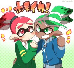 Rule 34 | blush, cardigan, clenched hand, eromame, green eyes, green hair, hand on another&#039;s back, high ponytail, inkling, inkling boy, inkling player character, jacket, looking at viewer, nintendo, pointy ears, ponytail, red eyes, red hair, smile, splatoon (series), splatoon 1, tentacle hair, thick eyebrows, twitter username, visor cap, yaoi