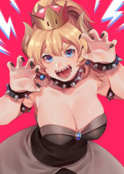 Rule 34 | 1girl, armlet, bad id, bad pixiv id, bare shoulders, black nails, blonde hair, blue eyes, bowsette, bracelet, breasts, cleavage, collar, commentary request, crown, eyebrows, horns, jewelry, large breasts, looking at viewer, mario (series), nail polish, new super mario bros. u deluxe, nintendo, noriuma, open mouth, ponytail, red background, sharp teeth, short hair, simple background, solo, spiked armlet, spiked bracelet, spiked collar, spikes, super crown, teeth, v-shaped eyebrows