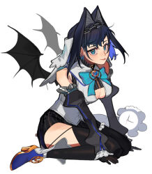 Rule 34 | 1girl, :p, bat wings, black gloves, black thighhighs, blue bow, blue eyes, blue footwear, blue hair, blue ribbon, blush, bow, bow earrings, breasts, chain, chain headband, cleavage cutout, clothing cutout, collar, detached sleeves, earrings, eus ing, gloves, hair intakes, headband, hololive, hololive english, jewelry, kronie (ouro kronii), large breasts, micro shorts, miniskirt, ouro kronii, ouro kronii (1st costume), ribbon, shirt, shoes, short hair, shorts, sitting, skirt, sleeveless, sleeveless shirt, thighhighs, tongue, tongue out, underboob, veil, virtual youtuber, wariza, wings