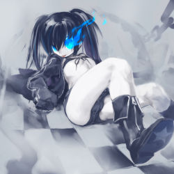 Rule 34 | 10s, 1boy, :p, bad id, bad pixiv id, bikini, bikini top only, black hair, black rock shooter, black rock shooter (character), blue eyes, boots, bulge, checkered floor, floor, genderswap, genderswap (ftm), glowing, glowing eyes, long hair, male focus, midriff, mizuki kotora, pale skin, perspective, shorts, sitting, solo, swimsuit, tongue, tongue out, trap, twintails, uneven twintails