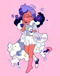 Rule 34 | 1girl, artist name, bad id, bad instagram id, black hair, cup, closed eyes, full body, glass, glasses, grey shirt, highres, holding, holding cup, meyoco, multicolored hair, open mouth, original, pink background, pink socks, purple hair, shirt, shorts, simple background, socks, solo, sparkle, walking, white shorts, yawning