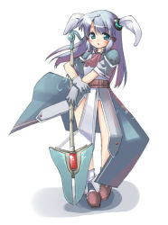 Rule 34 | 1girl, belt, blush, gem, green eyes, holding, holding weapon, lance, loincloth, looking at viewer, miaka (artist), orb, polearm, salty (cherrypie), shoulder pads, silver hair, simple background, solo, standing, two side up, weapon, white background