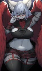 Rule 34 | 1girl, absurdres, animal ear fluff, animal ears, animal nose, arm behind head, black background, black nails, black thighhighs, blue eyes, body fur, breasts, crop top, fangs, fingernails, furry, furry female, garter straps, gradient background, highres, large breasts, looking at viewer, midriff, navel, open mouth, original, red wings, short hair, smile, snout, solo, suurin (ksyaro), thighhighs, twitter username, white fur, white hair, wings