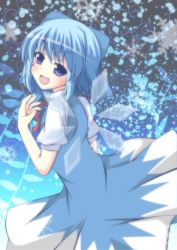 Rule 34 | 1girl, blue dress, blue eyes, blue hair, bow, cirno, dress, fang, hair bow, ice, ice wings, looking at viewer, looking back, masiromu, matching hair/eyes, open mouth, puffy sleeves, shirt, short sleeves, smile, solo, touhou, wings
