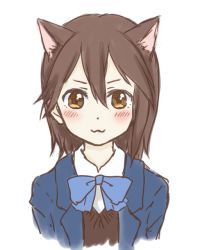 Rule 34 | 1girl, :3, animal ear fluff, animal ears, blazer, blouse, blue bow, blue bowtie, blush, bow, bowtie, brown background, brown eyes, brown hair, cat ears, closed mouth, commentary, cropped torso, extra ears, inaba himeko, jacket, kemonomimi mode, kokoro connect, kuroeri (primelo), looking at viewer, school uniform, shirt, simple background, smile, smug, solo, upper body, v-shaped eyebrows, white background, white shirt