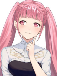 Rule 34 | 1girl, absurdres, blunt bangs, blush, closed mouth, dakkalot, female focus, fire emblem, fire emblem: three houses, highres, hilda valentine goneril, long hair, matching hair/eyes, nintendo, pink eyes, pink hair, simple background, smile, solo, twintails, uniform, upper body, white background
