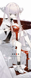 Rule 34 | 1girl, absurdres, ambiguous red liquid, black legwear, blood, cube, cuicuijiao, english text, floating, floating object, grey hair, highres, lightning bolt symbol, long hair, original, pink pupils, pool of blood, purple eyes, reflection, shoes, sitting, sneakers, solo, spikes, white footwear