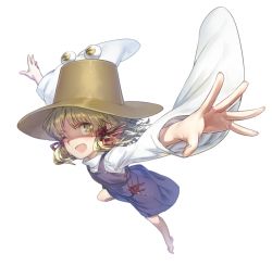 Rule 34 | 1girl, barefoot, benitama, blonde hair, bow, foreshortening, full body, hair bow, hair ornament, hat, long sleeves, moriya suwako, one eye closed, open mouth, outstretched arms, shirt, short hair, simple background, skirt, skirt set, smile, solo, spread arms, touhou, turtleneck, vest, white background, white shirt, wide sleeves, wink, yellow eyes