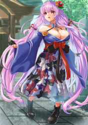 Rule 34 | 1girl, absurdly long hair, alternate costume, azur lane, bare shoulders, boots, breasts, cleavage, collarbone, commentary request, day, detached collar, floral print, flower, gloves, hair flower, hair ornament, half gloves, highres, huge breasts, long hair, long skirt, outdoors, perseus (azur lane), pink eyes, pink hair, skirt, solo, stone walkway, taishou, tree, twintails, very long hair, wide sleeves, yam (yam6056)