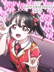 Rule 34 | 1girl, artist name, artist request, back bow, back ribbon, black bow, black hair, black ribbon, blush, bokura no live kimi to no life, bow, breasts, collared shirt, double m/, dress, female focus, glowstick, hair between eyes, hair bow, long hair, looking at viewer, love live!, love live! school idol project, necktie, parted lips, red bow, red dress, red eyes, red necktie, red shirt, ribbon, shirt, short hair, short sleeves, short twintails, small breasts, smile, solo, stage, stage lights, twintails, upper body, yazawa nico