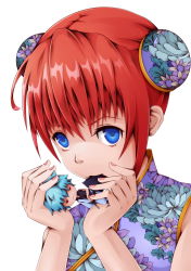 Rule 34 | 1girl, 52ikaros, absurdres, bad id, bad pixiv id, blue eyes, bun cover, character doll, china dress, chinese clothes, double bun, dress, floral print, gintama, hairpods, highres, kagura (gintama), mouth hold, orange hair, solo, upper body