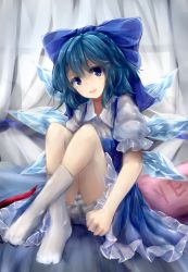 Rule 34 | 1girl, bd-0, blue eyes, blue hair, bow, cirno, colored eyelashes, crossed legs, hair bow, highres, ice, ice wings, looking at viewer, matching hair/eyes, nano (ex925868312), open mouth, panties, pantyshot, puffy short sleeves, puffy sleeves, see-through, short sleeves, sitting, socks, solo, striped clothes, striped panties, touhou, underwear, wings, yes-no pillow