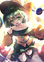 Rule 34 | 1girl, :d, absurdres, adapted costume, backlighting, bare shoulders, black hat, black thighhighs, blush, bow, collarbone, dfra, dutch angle, fang, floppy sleeves, frilled sleeves, frills, green eyes, green hair, green skirt, hair between eyes, hat, heart, heart-shaped pupils, highres, kneeling, komeiji koishi, long sleeves, looking at viewer, off-shoulder shirt, off shoulder, open mouth, ribbon, shirt, short hair, skin fang, skirt, sleeves past fingers, sleeves past wrists, smile, solo, symbol-shaped pupils, thighhighs, thighs, third eye, touhou, wide sleeves, yellow bow, yellow ribbon, yellow shirt