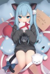 Rule 34 | 1girl, :d, amashiro natsuki, animal ears, black shirt, blue bow, blue eyes, blue hair, blue nails, bow, box, cat ears, cat girl, cat tail, clothes writing, commentary request, eyebrows hidden by hair, fang, gift, gift box, hair between eyes, hair ornament, heart, heart-shaped box, heart-shaped pillow, highres, holding, holding gift, long hair, long sleeves, looking at viewer, multicolored nails, nail polish, nekoha shizuku, one side up, open mouth, original, pillow, shirt, sleeves past wrists, smile, solo, stuffed animal, stuffed cat, stuffed toy, tail, tail bow, tail ornament, valentine, very long hair