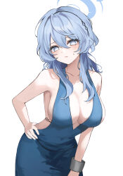 Rule 34 | 1girl, absurdres, ako (blue archive), ako (dress) (blue archive), bare arms, bare shoulders, blue archive, blue dress, blue eyes, blue hair, breasts, chabi, cleavage, commentary, cowboy shot, dress, head tilt, highres, large breasts, leaning forward, long hair, looking at viewer, official alternate costume, simple background, sleeveless, sleeveless dress, solo, standing, white background