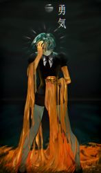 Rule 34 | 1other, androgynous, commentary, crystal hair, english commentary, gem uniform (houseki no kuni), golden arms, green eyes, green hair, hand on own face, highres, houseki no kuni, molten metal, moon, necktie, night, night sky, nouritheseaweed, one eye covered, phosphophyllite, short hair, short sleeves, shorts, sky, solo, standing, translation request