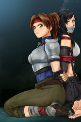 Rule 34 | 2girls, absurdres, armor, arms behind back, barefoot, bdsm, belt, belt buckle, black hair, body blush, bondage, boots, bound, bound ankles, bound arms, bound wrists, breast armor, breasts, brown eyes, brown hair, buckle, earrings, feet, final fantasy, final fantasy vii, final fantasy vii remake, gag, gagged, highres, improvised gag, jessie rasberry, jewelry, long hair, looking at viewer, lost one zero, multiple girls, nail polish, red eyes, rope, sideboob, skirt, square enix, tape, tape gag, tifa lockhart, toenail polish, toenails, toes