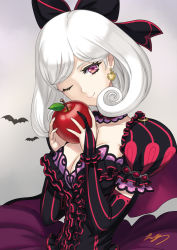 Rule 34 | 1girl, apple, bat (animal), bow, cape, capelet, commentary request, detached collar, earrings, eiwa, elbow gloves, food, frills, fruit, glint, gloves, hair bow, hair ornament, hair ribbon, hands up, holding, jewelry, juliet sleeves, layered skirt, long sleeves, looking at viewer, official art, one eye closed, puffy short sleeves, puffy sleeves, purple eyes, queen&#039;s blade, queen&#039;s blade grimoire, ribbon, short sleeves, skirt, smile, snow white (queen&#039;s blade), solo, striped, vertical stripes, white hair