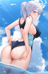 Rule 34 | 1girl, :o, absurdres, adjusting clothes, adjusting swimsuit, animal ear fluff, animal ears, arched back, ass, back, bare arms, bare shoulders, bird, blue archive, blue eyes, blue sky, blush, breasts, cloud, competition swimsuit, covered erect nipples, cross hair ornament, dutch angle, extra ears, from behind, hair ornament, halo, hand on own ass, highres, large breasts, looking at viewer, looking back, mcic0, medium hair, official alternate costume, one-piece swimsuit, parted lips, partially underwater shot, ponytail, shiroko (blue archive), shiroko (swimsuit) (blue archive), sideboob, sidelocks, sky, solo, swimsuit, thighs, two-tone swimsuit, wading, water, wedgie, white hair, wolf ears