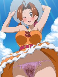 Rule 34 | 1girl, ahoge, armpits, arms up, bare shoulders, blush, breasts, brown eyes, brown hair, clothes lift, cloud, cowboy shot, creatures (company), day, delia ketchum, dress, dress lift, embarrassed, female focus, female pubic hair, flipped hair, from below, game freak, groin, hands on headwear, happy, hat, highres, jewelry, lace, lace-trimmed panties, lace trim, large breasts, legs, light rays, long hair, looking at viewer, low ponytail, makino tomoyasu, matching hair/eyes, mature female, navel, necklace, nintendo, nose blush, one eye closed, open mouth, orange dress, panties, pantyshot, pendant, pink panties, pokemon, pokemon (anime), pokemon sm (anime), pubic hair, see-through, sky, smile, solo, standing, strapless, strapless dress, sunbeam, sunlight, thighs, underwear, white hat, wind